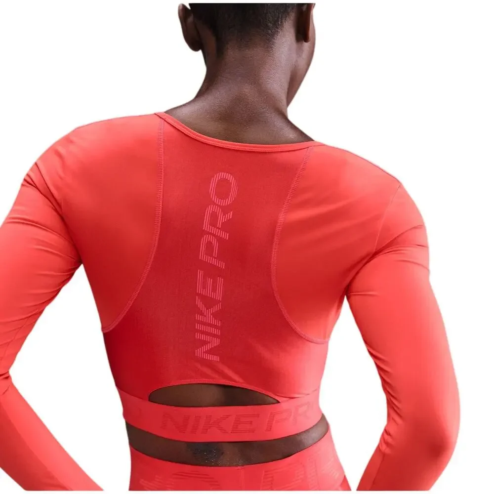 Nike Women's Pro Dri-FIT Cropped Long-Sleeve Top Light Crimson/Mineral NWT